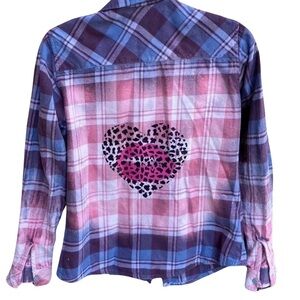 Columbia Repurposed Bleached Heart&Cheetah Print Graphic Plaid Flannel-Sz Med
